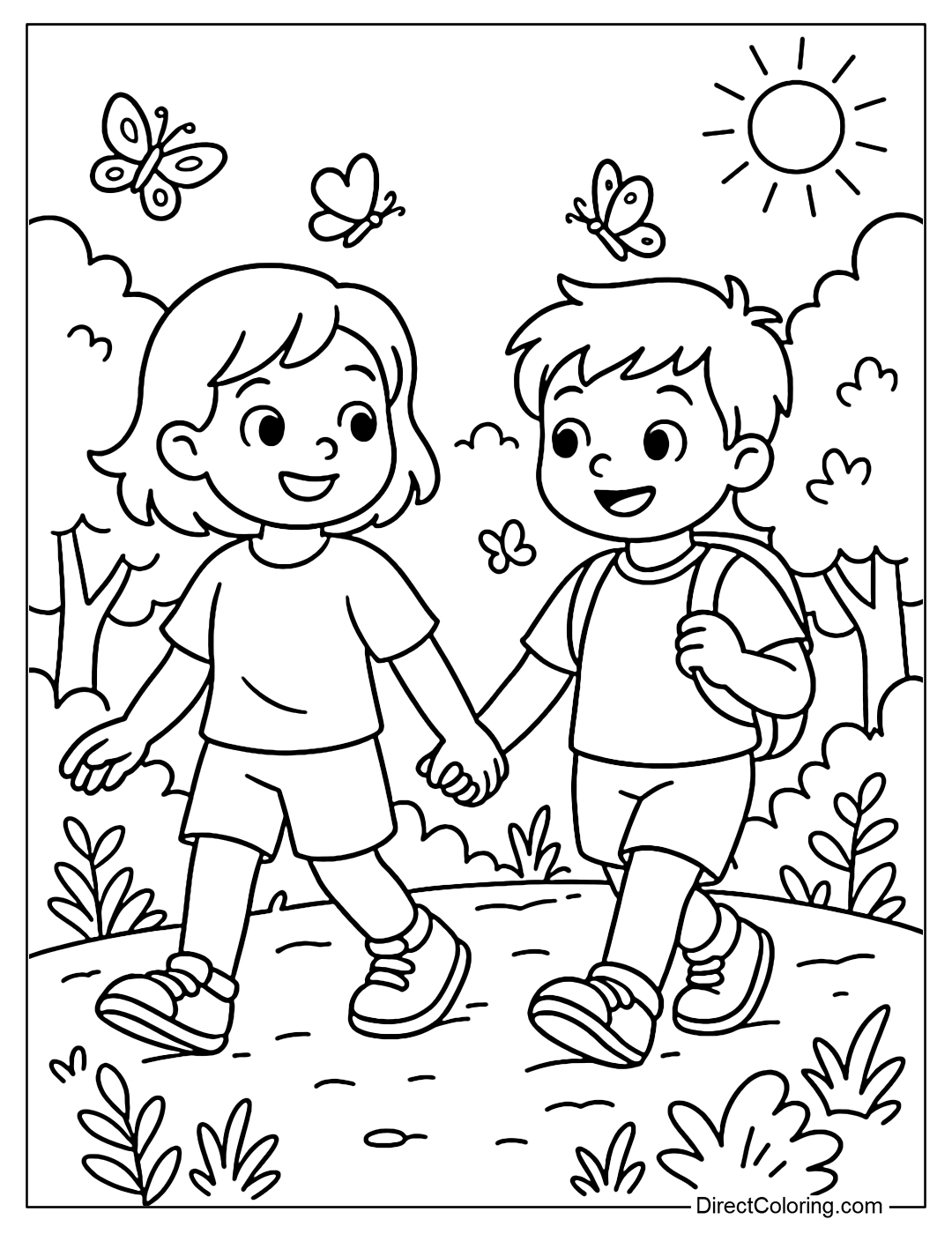A coloring page of two children holding hands and walking through a forest path, surrounded by a few butterflies and gentle sunlight.